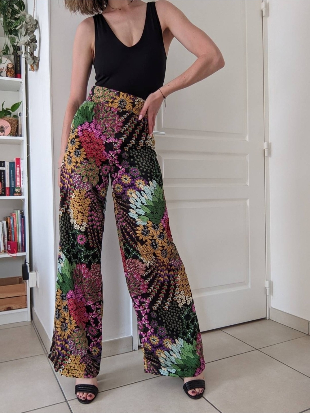Ella Black Wide-Leg Palazzo Pants with Multicolor Floral Print